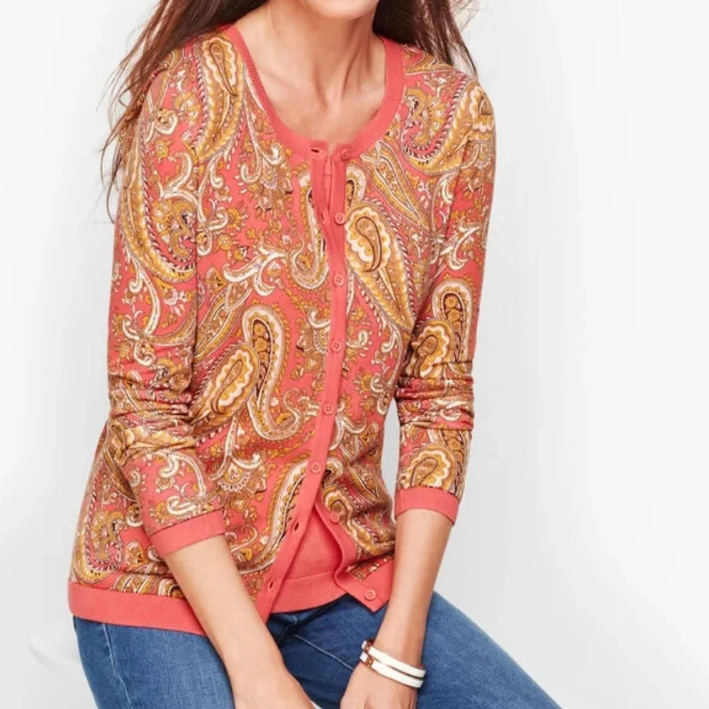 New Talbots Charming English Paisley Cardigan Sweater Sz‎ Medium $80 Lightweight